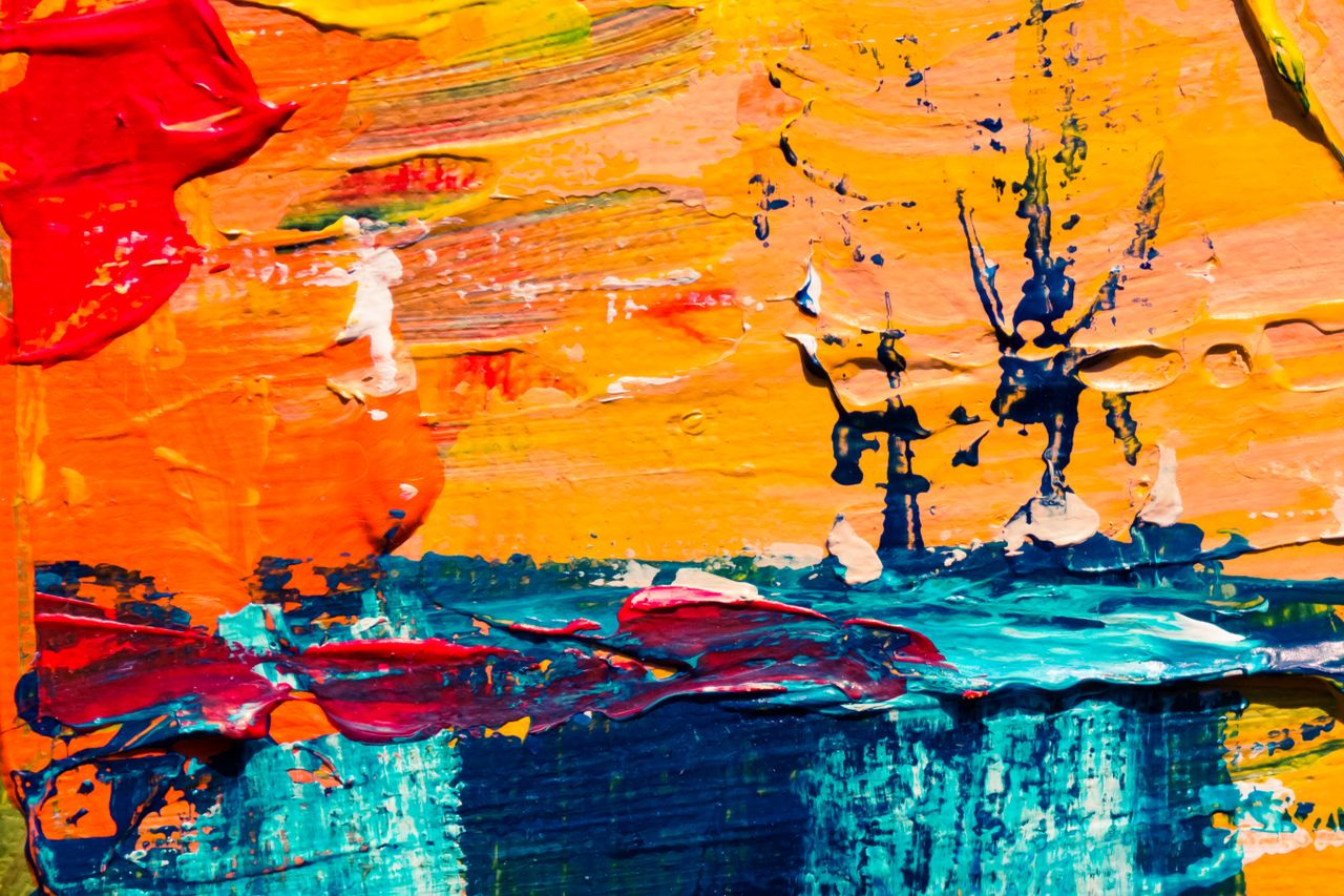 A vivid abstract painting with thick brush strokes and dynamic colors, showcasing artistic expression.