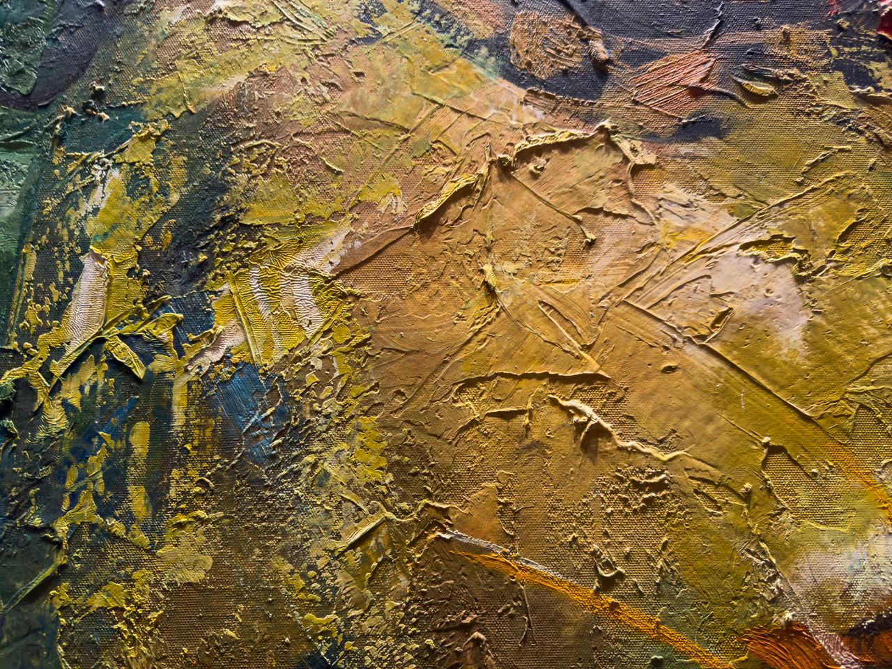 A close-up view of a textured abstract oil painting with rich earthy tones.